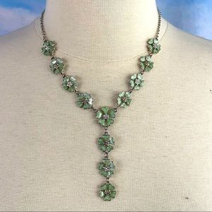 Silver tone and green enamel floral necklace 17 inches adjustable clasp